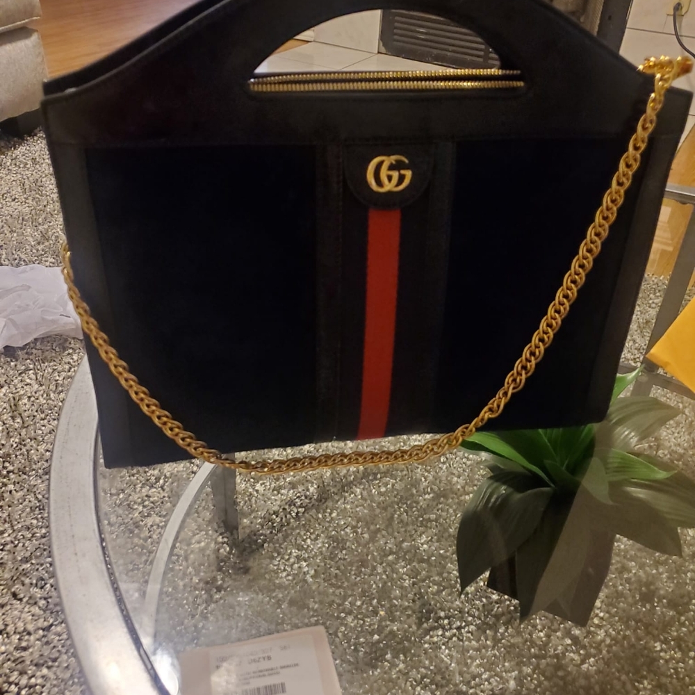Gucci Black Suede and Patent Leather Medium Ophidia Chain Shoulder Bag